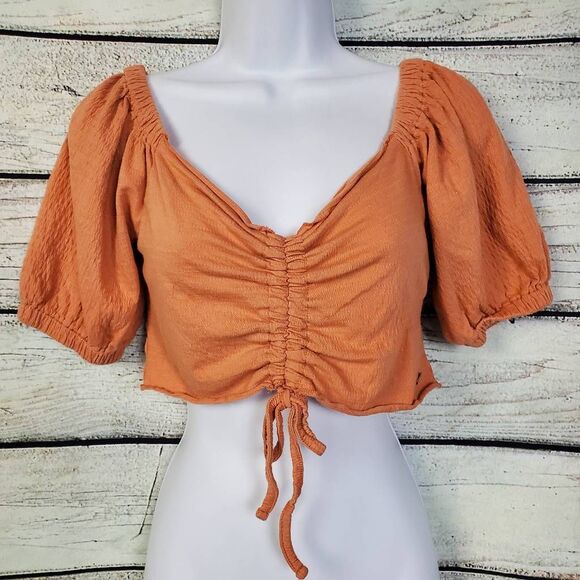 Roxy Rust Orange Puff Sleeve Ruched Crop Top Size M - Picture 1 of 8